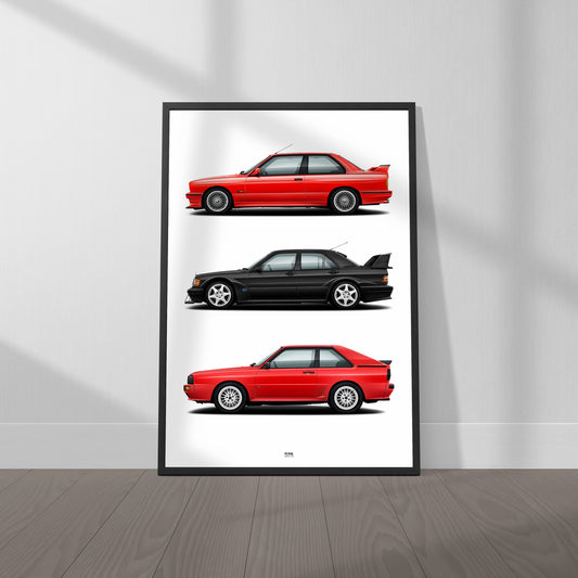 Homologation Specials Poster - BMW E30 M3 Sport Evolution, Mercedes-Benz 190E Evolution II, Audi Sport Quattro