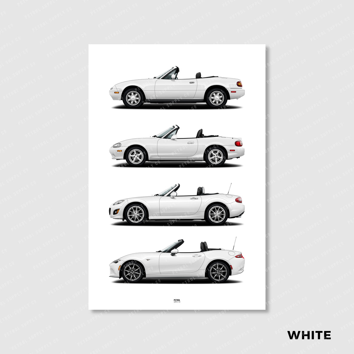 Mazda MX5 Miata Poster Evolution Generations - white