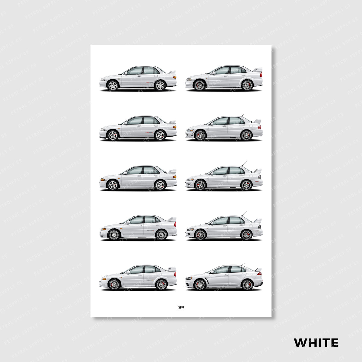 Mitsubishi Lancer Evo Poster Evolution Generations - white