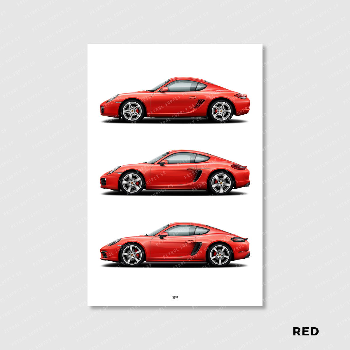 Porsche Cayman Poster Evolution Generations - red
