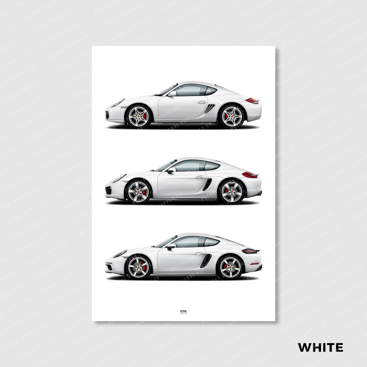 Porsche Cayman Poster Evolution Generations - white