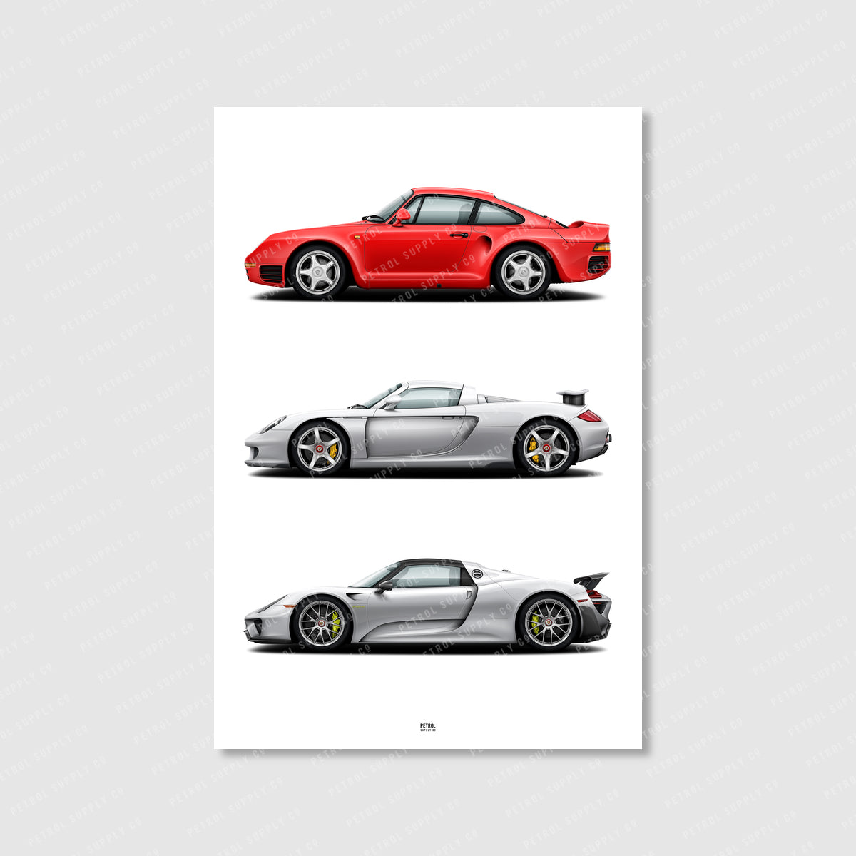 Stuttgart Supercars Poster - Porsche 959, Porsche Carrera GT, Porsche 918 Spyder