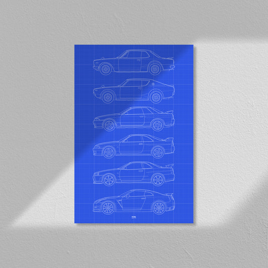 Nissan GTR Evolution Blueprint Poster - KPGC10, KPGC110, R32, R33, R34, and R35 Generations Print